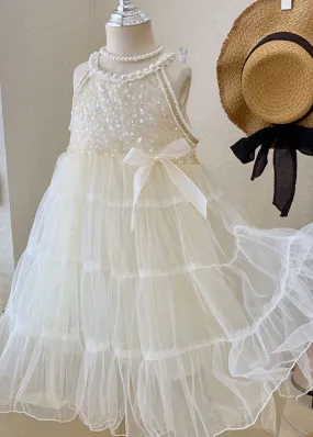 Lovely Beige Sequins Nail Bead Wrinkled Patchwork Tulle Girls Girls Princess Dress Summer Lovely Beige Sequins Nail Bead Wrinkled Patchwork Tulle Girls Girls Princess Dress Summer