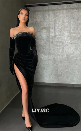 LP1114 - Off Shoulder Beads Black Velvet Ruched Long Sleeves Mermiad Formal Prom Dress LP1114 - Off Shoulder Beads Black Velvet Ruched Long Sleeves Mermiad Formal Prom Dress