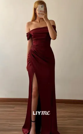 LP1380 - Off-Shoulder Strapless Sleek Pleated Dreped Side Slit Satin Sexy Prom Dress LP1380 - Off-Shoulder Strapless Sleek Pleated Dreped Side Slit Satin Sexy Prom Dress