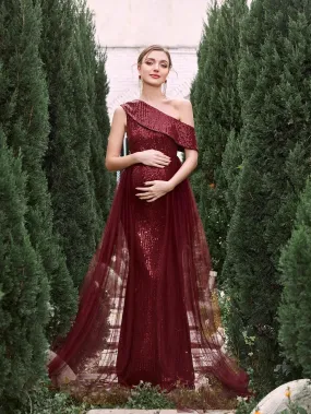 Maternity Sloping Collar Mesh Overlay Sequin Formal Dress Maternity Sloping Collar Mesh Overlay Sequin Formal Dress