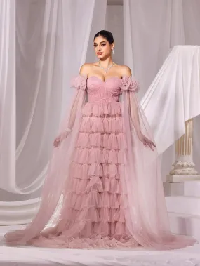 Off Shoulder Cloak Sleeves Mesh Cake Dress Off Shoulder Cloak Sleeves Mesh Cake Dress