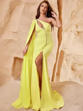 One Shoulder Rhinestone Detail Cut Out Thigh Slit Dress One Shoulder Rhinestone Detail Cut Out Thigh Slit Dress