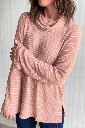 Pink Stripe Cowl Neck Side Slits Loose Fit Long Sleeve Top Pink Stripe Cowl Neck Side Slits Loose Fit Long Sleeve Top