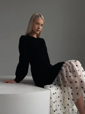 Polka Dot Chiffon Detail Black Midi Dress Polka Dot Chiffon Detail Black Midi Dress