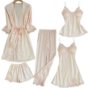 Satin Lace 5 Pieces Pajamas Set Satin Lace 5 Pieces Pajamas Set