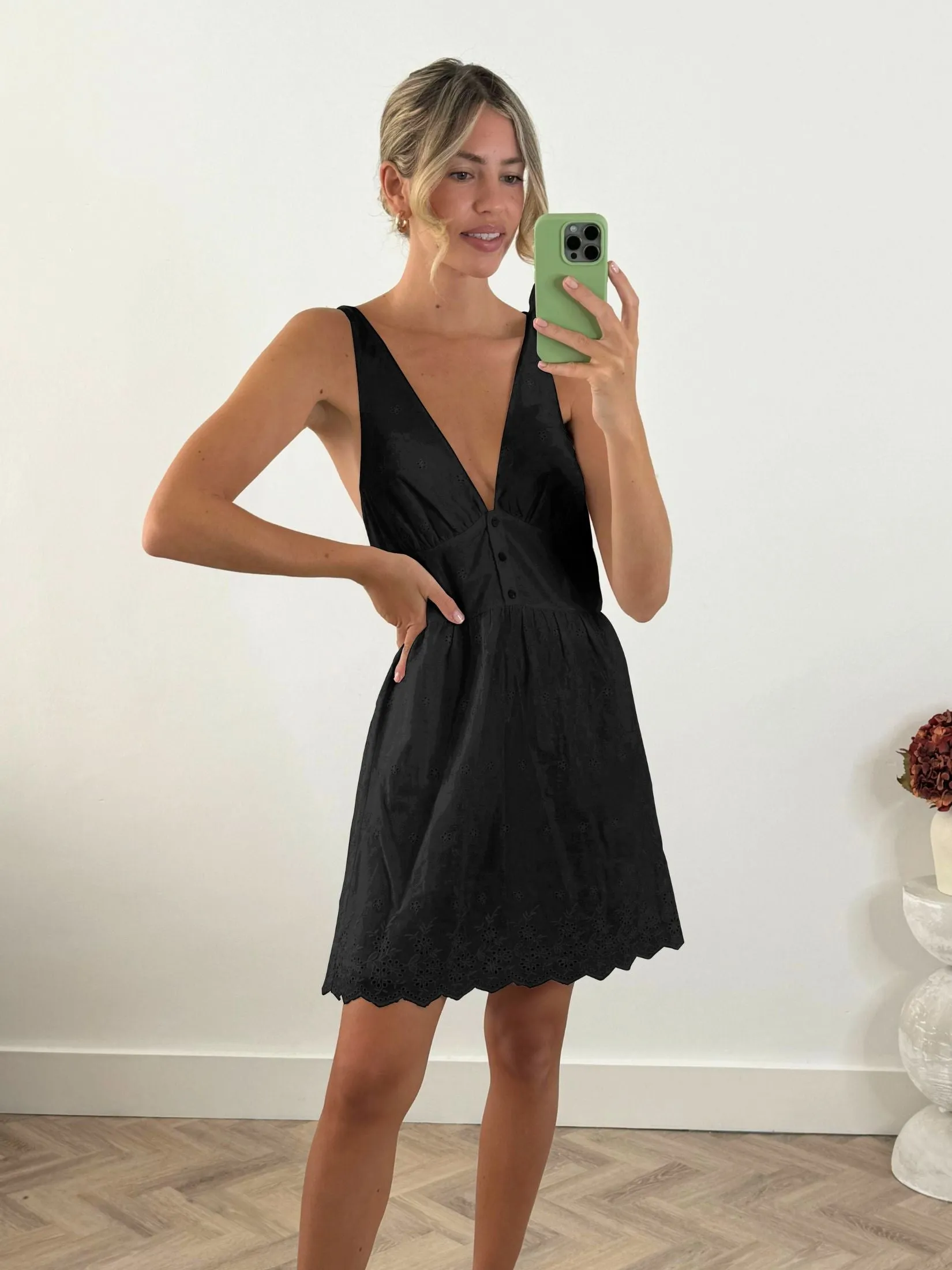 Sia V Neck Mini Dress in Black