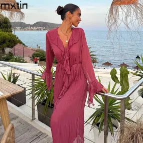 Vintage Summer Dress - Flattering A-Line Silhouette, V-Neckline, Full-Length Sleeves Vintage Summer Dress - Flattering A-Line Silhouette, V-Neckline, Full-Length Sleeves